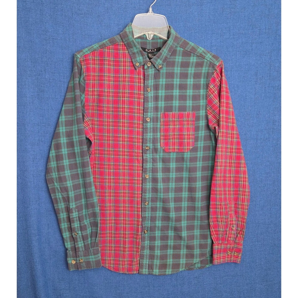 21 Men Patchwork Plaid Flannel Button-Up Shirt - Men's Size Small